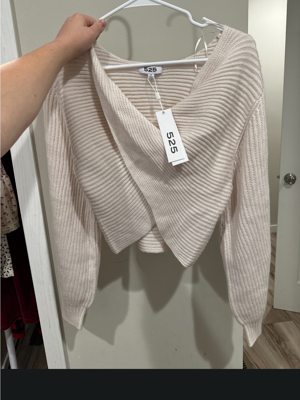 525 America Off-Shoulder Ribbed Wrap Sweater in Light Beige